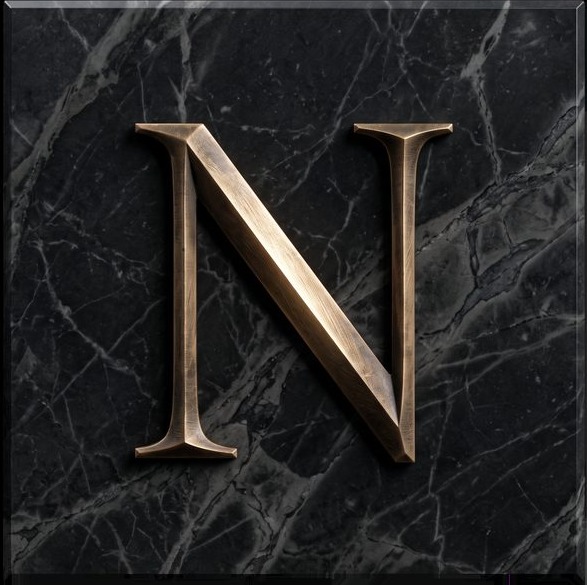 Bronze letter N on dark marble — the Nostra mark